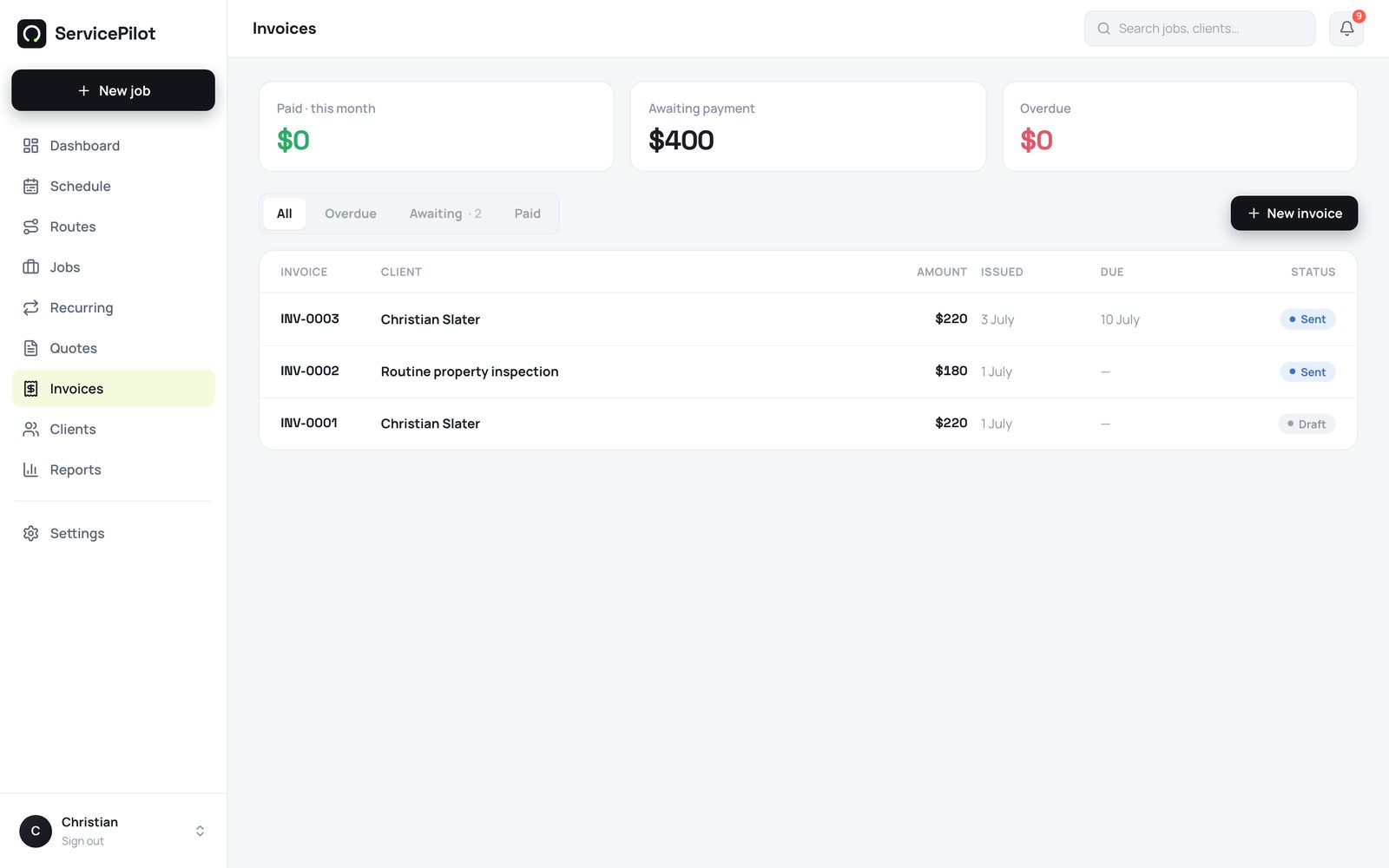 Invoices with live status: draft, sent, or paid. The amount outstanding is always visible.