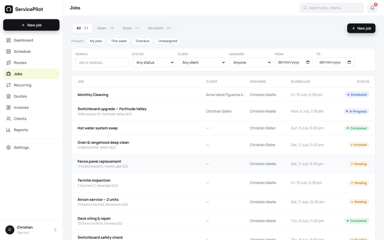 The jobs list. Filter by status, technician, or customer so nothing is missed.