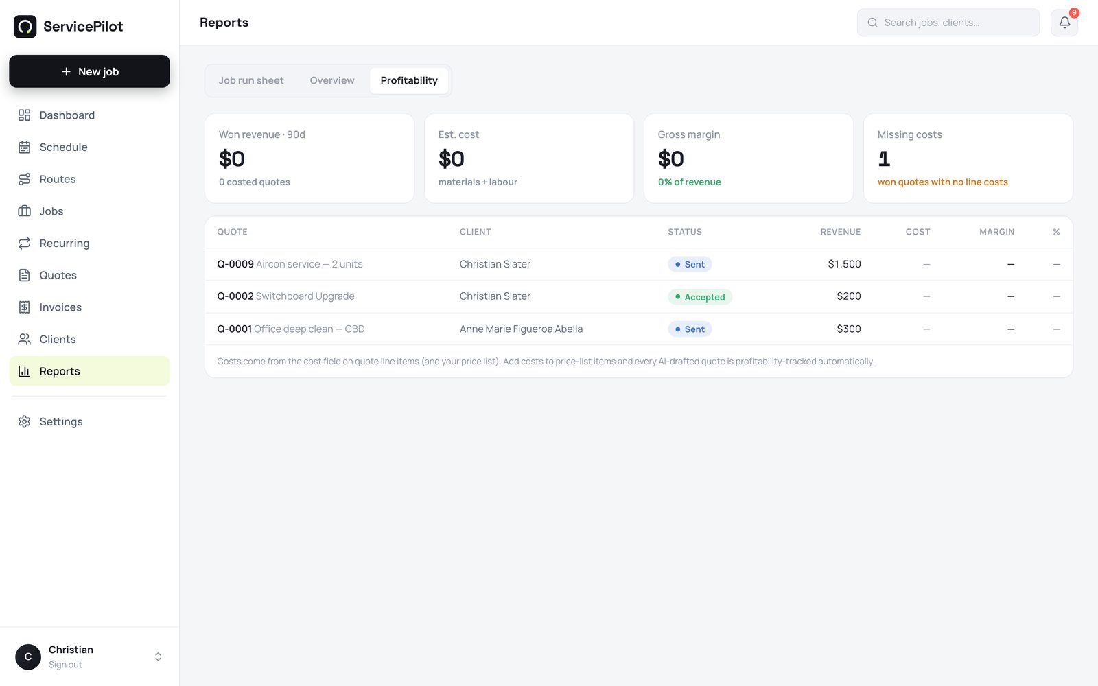 Profitability shows revenue, cost, and margin for each quote. You see which jobs make money.