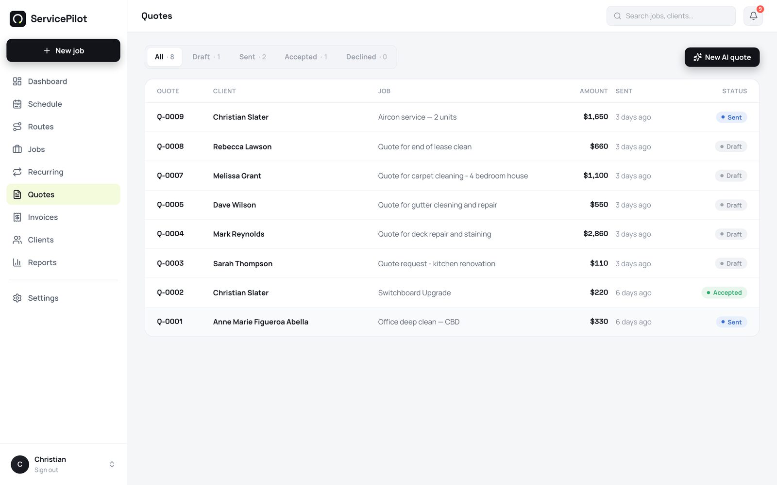 ServicePilot tracks every quote as draft, sent, viewed, or accepted.