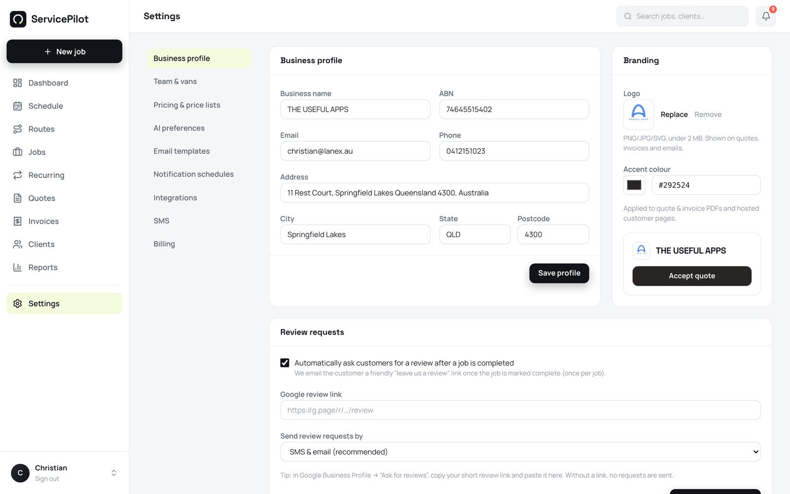 Settings shows your SMS balance, top-up packs, and automatic reminders in one place.